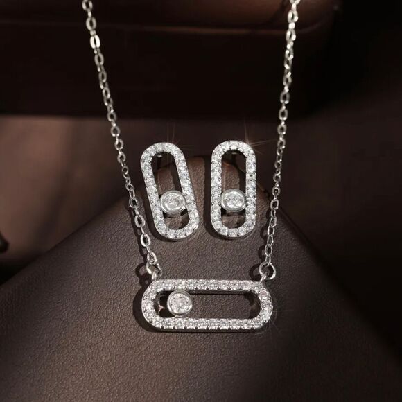 14K White Gold Geometrical Paris Inspired Link Paperclip Diamond Earrings & Neck - Picture 1 of 5